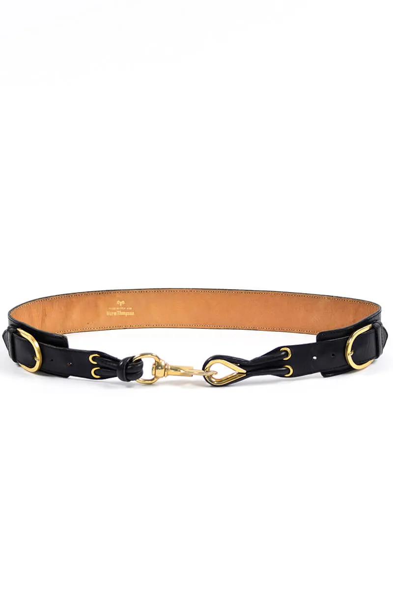 1990s Norm Thompson Black Leather Snap Hook Belt w/ Gold Hardware