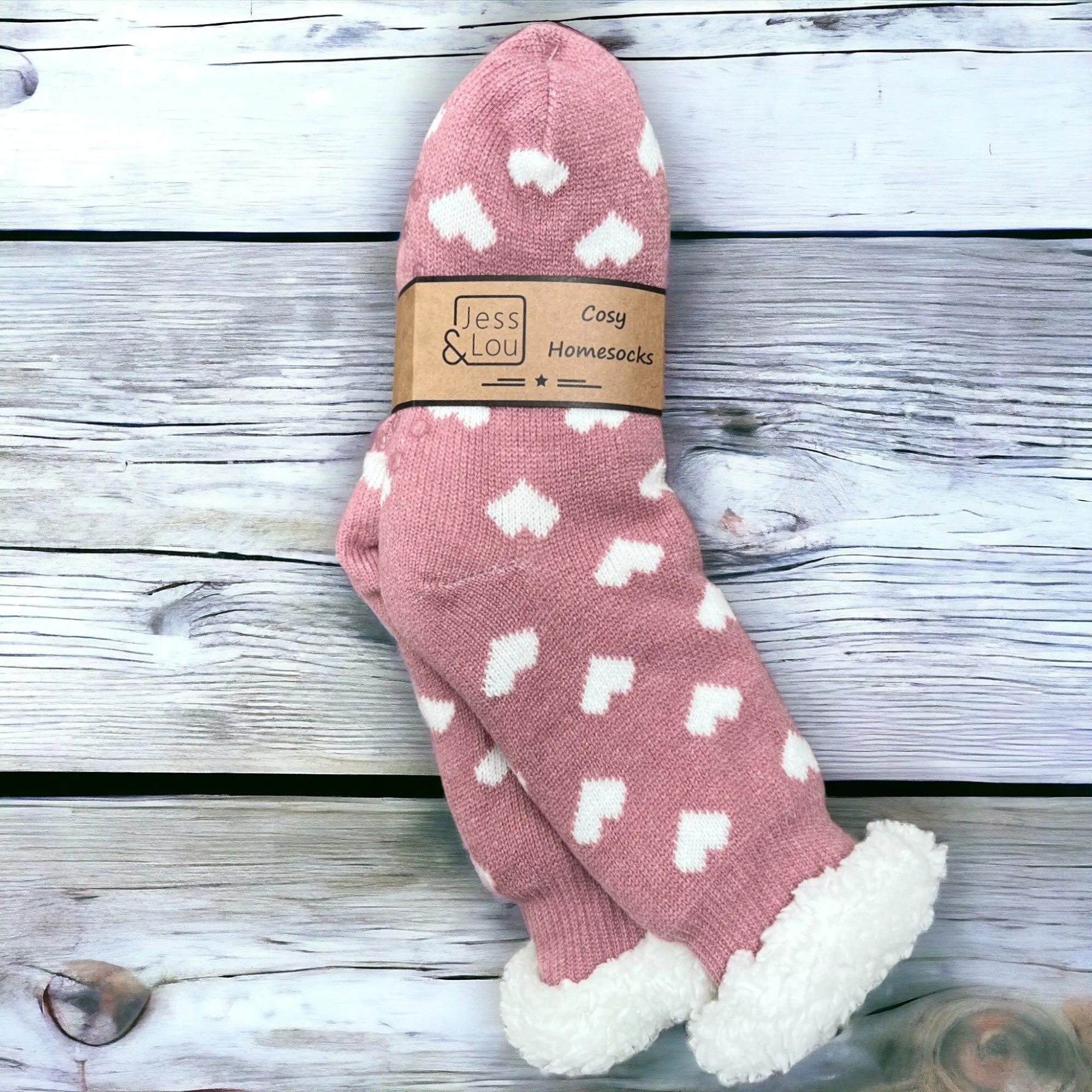 Jess & Lou Happy Hearts Pink Super Cosy Lined Socks SL651
